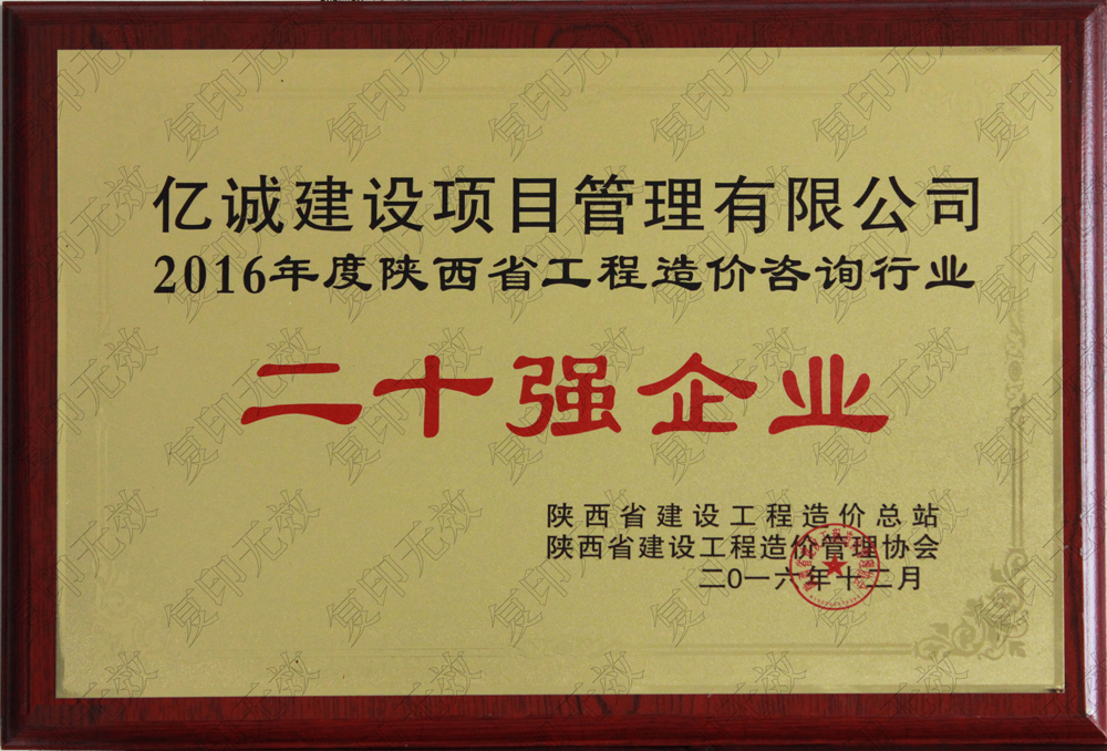 陜西省2015工程造價咨詢二十強(qiáng)企業(yè)億誠建設(shè)項目管理有限公司陜西省2015工程造價咨詢二十強(qiáng)企業(yè)發(fā)證機(jī)關(guān)：陜西省建設(shè)工程造價管理協(xié)會